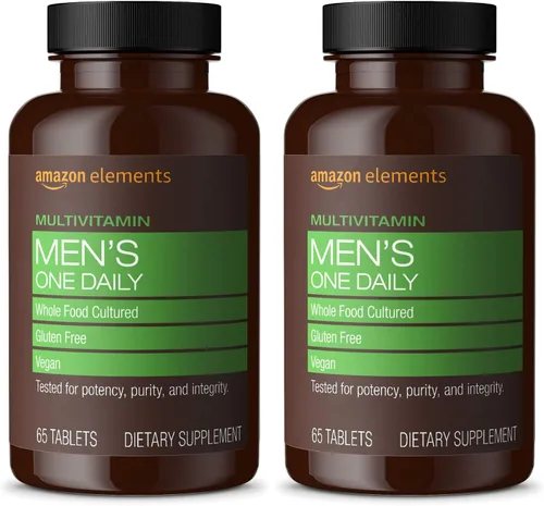 Vista 5 de Multivitamina diaria para hombres de más de 40 años de Amazon Elements, con un 67 % de su composición procedente de alimentos integrales, vegana; 65