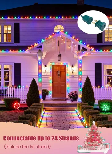 Vista 3 de Luces LED C9 de Navidad para exteriores, 68 pies, 100 luces LED de fresa con 100 abrazaderas de resorte, impermeable, grado comercial, extensible