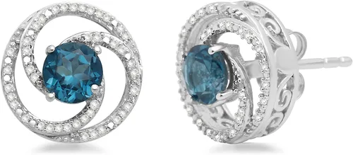 Vista 2 de Jewelili Aretes de plata de ley de 0.197 in con topacio azul Londres y 16 Cttw de diamante redondo blanco natural, Metal, Diamante Topacio