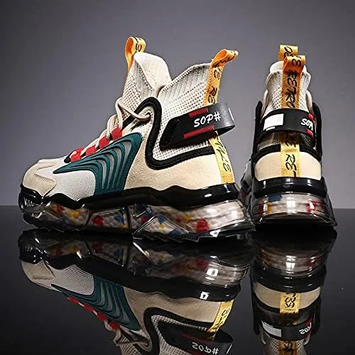 Vista 8 de Zapatos de baloncesto para hombre, zapatillas de deporte altas para correr, senderismo, deportes aéreos, atléticos, caminar, negro, beige, gris