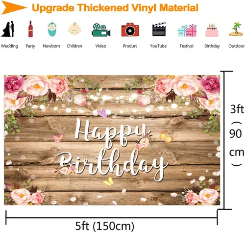 Vista 5 de Telón de fondo floral rosa de feliz cumpleaños para mujer, fondo de fotografía de cumpleaños de madera rústica, acuarela, mariposa, flores, fondos