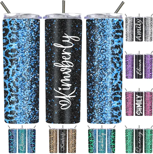 Vista 24 de Vasos personalizados con estampado de leopardo con tapas y pajitas, vasos delgados personalizados de 20 onzas con nombres para mujeres y hombres