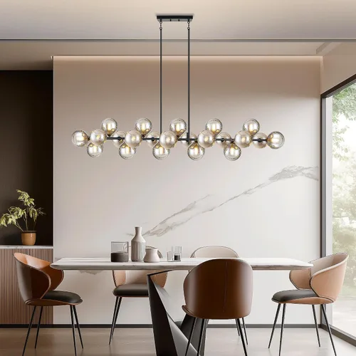 Vista 6 de Candelabro lineal negro Sputnik de 70 pulgadas, lámpara de comedor con 22 luces, globo de vidrio, lámpara lineal ahumada para granja, sala de estar