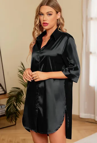 Vista 3 de Samring Camisones de seda para mujer, manga 34, con botones, camisola de satén para dormir