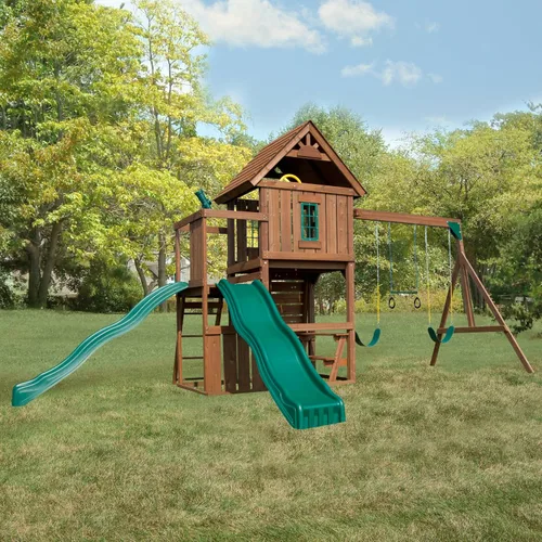 Vista 2 de Swing-N-Slide Mont Eagle - Set de juego con dos columpios, dos toboganes, pared de roca y mesa de picnic, color verde