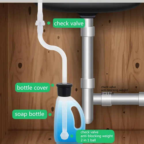 Vista 3 de Kit de tubo de extensión dispensador de jabón para fregadero con válvula de retención mejorada de 47 pulgadas, tubo dispensador de jabón bajo