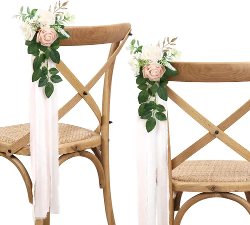 Vista 11 de Arreglo floral de pasillo para la ceremonia de la boda, juego de 10 flores para sillas de la iglesia, decoración para fiestas con flores Azul