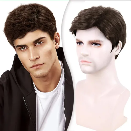 Vista 18 de Creamily Peluca marrón para hombre, disfraz de pelo corto, estilo cosplay marrón (Brown-1)