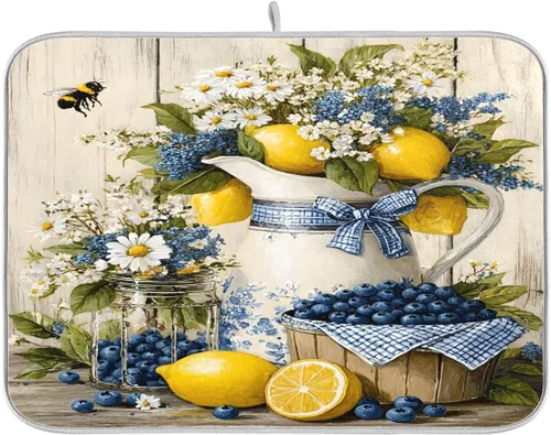 Vista 27 de Tapete de secado de platos, girasoles en madera, tapete de secado reversible absorbente de flores, tapete de secado de platos, tapete para secar