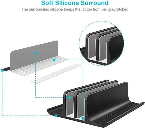 Vista 4 de Vaydeer Soporte vertical doble ajustable para computadora portátil, nuevo diseño, 2 ranuras de aluminio, soporte doble para Negro