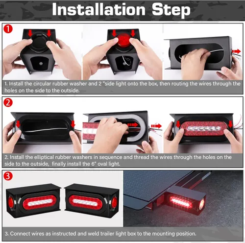Vista 6 de RONSTA Kit de 2 cajas de acero para luces de remolque con luces traseras LED ovaladas rojas/blancas de 6 pulgadas y luces laterales redondas rojas