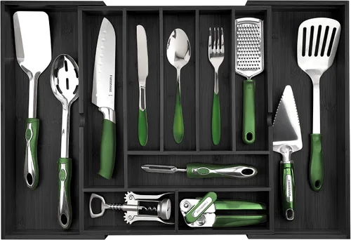 Vista 9 de Pristine Bamboo bandeja organizadora de cubiertos – Utensilios de mesa, cubiertos, soporte de cubiertos para cajón – Organizador de cajón de madera