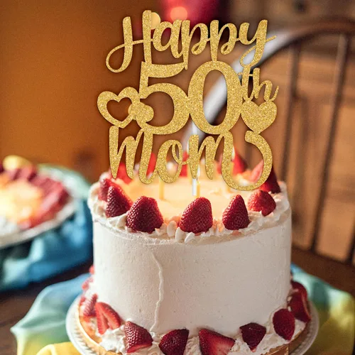 Vista 5 de Decoración para tartas con texto en inglés "Happy 50th Mom", feliz 50 cumpleaños para madre, saludos a 50 años, cumpleaños, aniversario, suministros