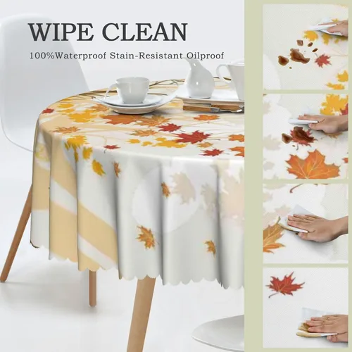 Vista 4 de Mantel redondo con temática de otoño, 48 pulgadas, tela impermeable, decorativa, reutilizable, lavable, a prueba de derrames, resistente a