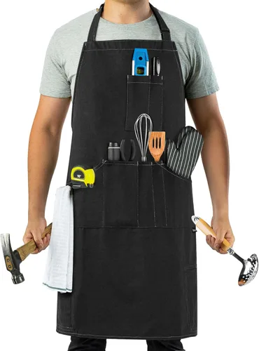 Vista 8 de opux Delantal de chef para hombres, delantal de cocina con bolsillos para mujer, delantal grande de lona unisex para cocinar, asar a la parrilla