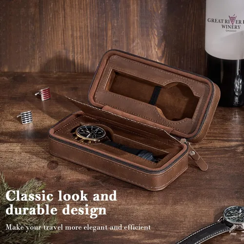 Vista 2 de BEWISHOME Estuche de viaje para relojes, cajas de reloj con 2 ranuras para hombre, organizador de relojes portátil, vitrina de relojes, accesorio