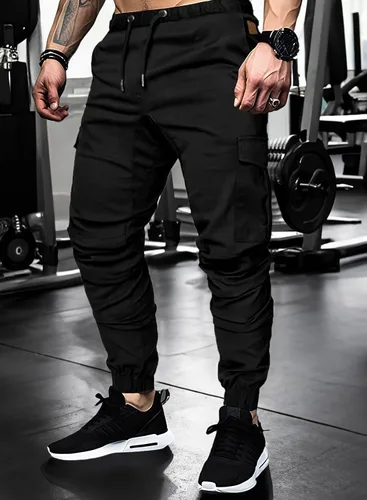 Vista 3 de JMIERR Pantalones cargo de moda para hombre, casuales, de algodón, elásticos, de sarga con cordón, pantalones deportivos con 6 bolsillos