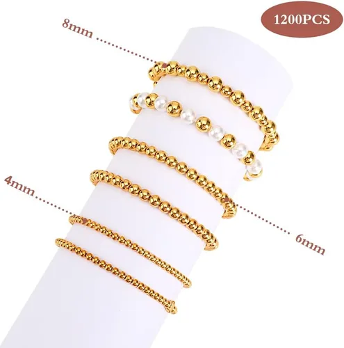Vista 2 de 1200 piezas de cuentas redondas doradas espaciadoras lisas con forma de bola sueltas para pulseras, 4 mm, 6 mm, 8 mm