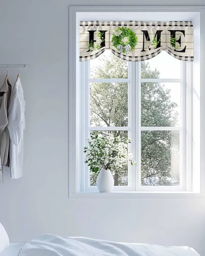 Vista 4 de Cenefa de amarre de corona verde de verano para ventanas, cenefas de cortina con bolsillo para barra, cenefa ajustable de madera retro para cocina
