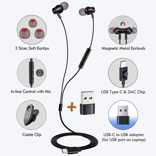 Vista 7 de Auriculares USB con adaptador USB a C, 2 en 1 USB-C + USB-A compatibles con computadoras PC, dispositivos Mac y smartphone, tarjeta de sonido DAC