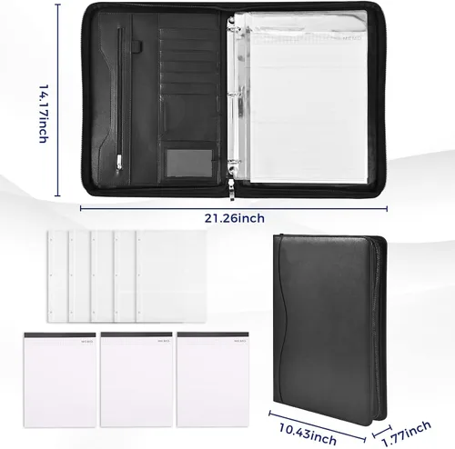 Vista 4 de Carpeta portafolios con anillas de 3 anillos, organizador de carpeta con anillas de 3 anillos, carpeta de cuero PU, planificador de negocios
