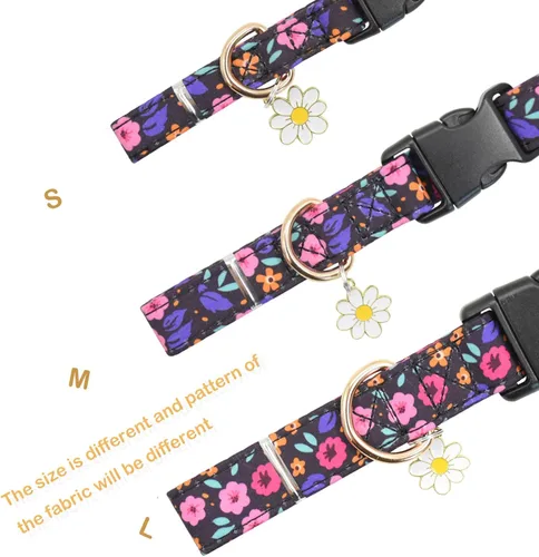 Vista 2 de Lindo collar de algodón para perro, patrones de flores, collares suaves y ajustables para cachorros, para hembras, perros pequeños, medianos