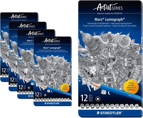 Vista 12 de Set de lápices de dibujo Staedtler Mars Lumograph de grafito, 6 grados (6B, 4B, 2B, B, HB, 2H), mini goma de borrar Mars de plástico, sacapuntas