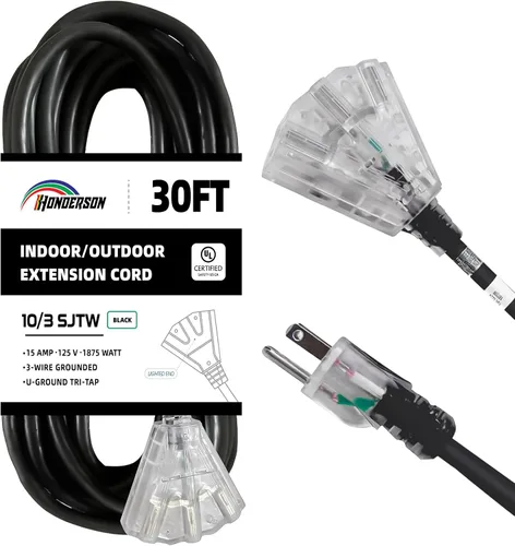 Vista 32 de Cable de extensión GFCI iluminado de 3 pies con 3 tomas de corriente, cable de extensión negro resistente SJTW 12/3 con enchufe a tierra de 3