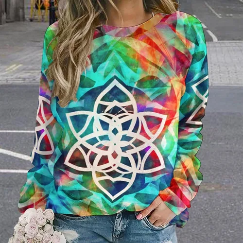 Vista 2 de Sudadera de teñido anudado para mujer, cuello redondo, sudaderas relajadas, de poliéster, adorables y básicas