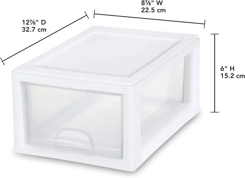 Vista 3 de Sterilite 20518006 - Cajón apilable de 6 cuartos de galón/5.7 litros, marco blanco con cajón transparente, (paquete de 6)