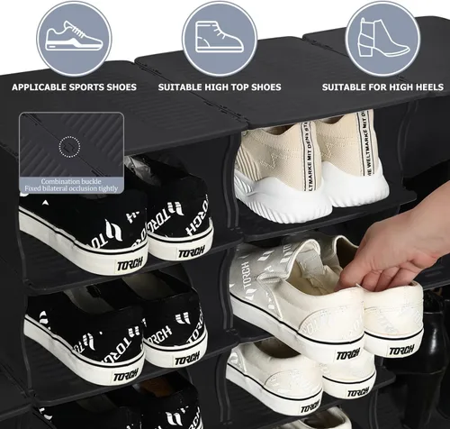 Vista 7 de Zapatero grueso de 6 niveles, organizador de almacenamiento apilable para entrada de dormitorio, estante ajustable, estante con ranuras para Negro