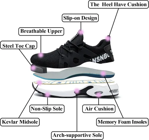 Vista 5 de LANSNBO Zapatos de punta de acero para mujer, zapatos de trabajo de seguridad indestructibles, con amortiguación de aire, ligeros, transpirables