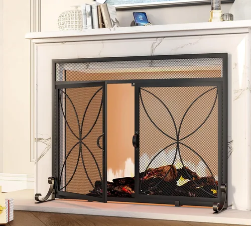 Vista 7 de Fire Beauty Pantalla de chimenea con puertas magnéticas, pantalla de metal grande para el hogar, protector de chispas, incendios de horno de metal