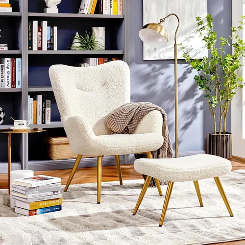 Vista 4 de Yaheetech Juego de silla decorativa y otomana, sillón Sherpa con patas de metal dorado y respaldo alto, reposapiés para sala de estar, salón, Marfil