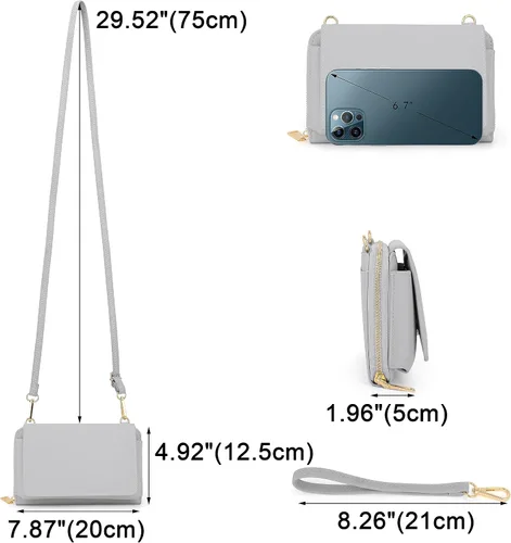 Vista 7 de UTO Cartera RFID para mujer, bolso cruzado para teléfono celular para mujer, tarjetero de viaje de moda, cartera de mano con 2 correas, 1266 Gris