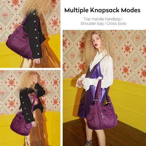 Vista 226 de Angel Barcelo - Bolsa de hombro amplia para mujer, diseño Hobo, cuero lavado