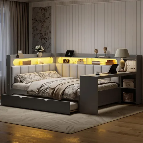 Vista 55 de VilroCaz Cama de sofá de tamaño individual de madera con estantes de almacenamiento y escritorio de estudio, estructura de cama de día Blanco