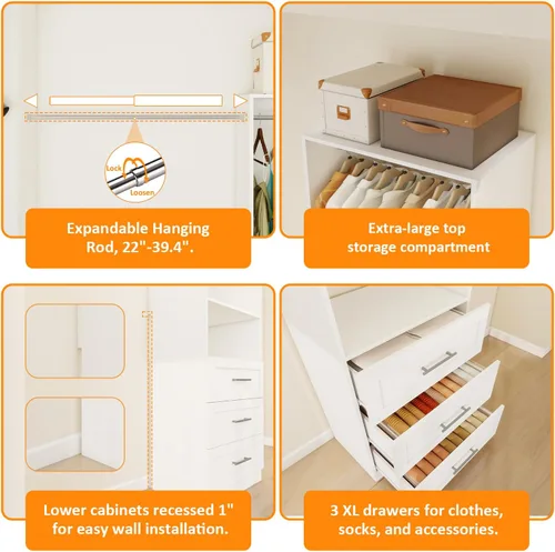 Vista 6 de Sistema de armario con cajones de madera, sistema de organización de armario de 4 pies con cajones y varillas para colgar y para vestidores, 2