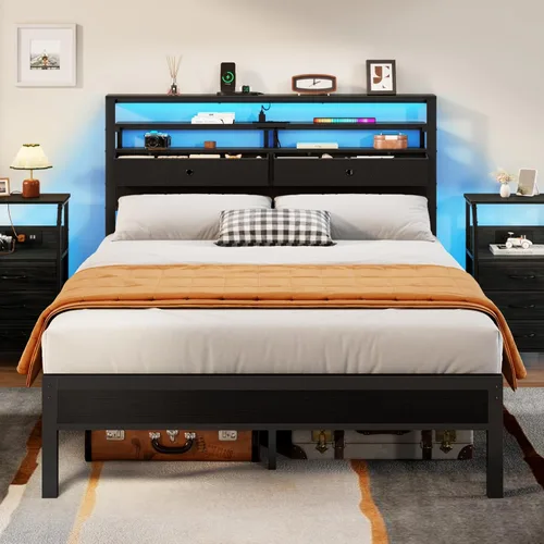 Vista 11 de Furnulem - Base de cama individual con estación de carga y luces LED, roble negro