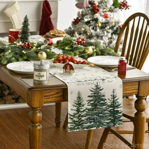 Vista 2 de Artoid Mode - Camino de mesa beige con diseño de árbol de pino y copos de nieve, «Feliz Navidad», decoración de mesa de comedor para fiestas