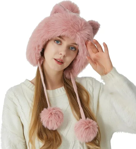 Vista 2 de HUAMULAN - Gorro de invierno para mujer estilo peruano con forro polar, solapas para orejas, doble capa, con pompones