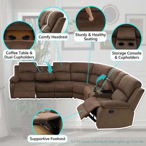 Vista 4 de Juego de sofá seccional reclinable manual, juegos de muebles de sala de estar, sofá seccional en forma de L y 2 sillas, cómodo sofá reclinable