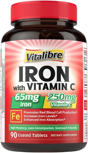 Vista 9 de Suplemento de hierro, 65 mg de hierro carbonilo con 250 mg de vitamina C, píldoras de hierro amigables con el estómago para mujeres y hombres, alta