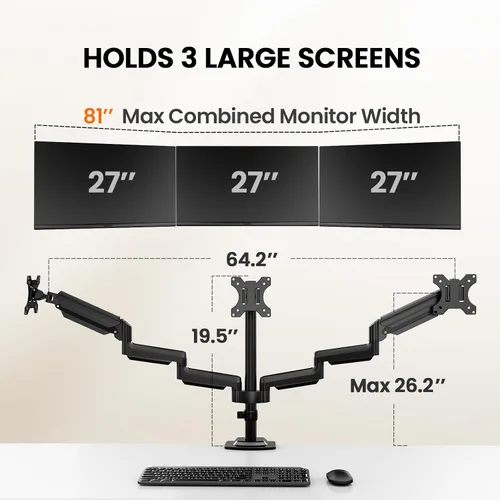 Vista 5 de ErGear Soporte de monitor triple para pantallas de 13 a 27 pulgadas, monitores triples de aluminio de alta calidad que soportan hasta 17.6 libras