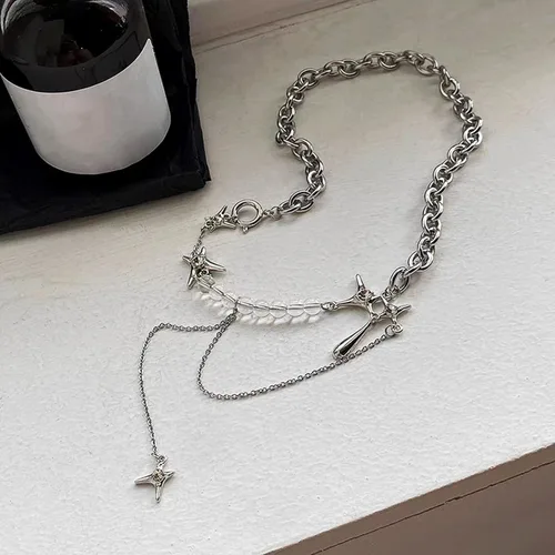 Vista 3 de Y2k - Collar irregular con dije de estrella, piedra de luna, diseño de cadena de moda, joyería de plata picante para mujer