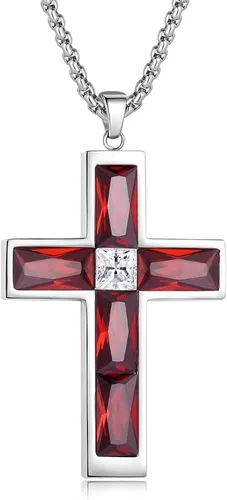 Vista 18 de Collar de cruz con piedra de nacimiento para hombre, collar de cruz de acero inoxidable 316L con colgante de cruz de circonia cúbica para mujer