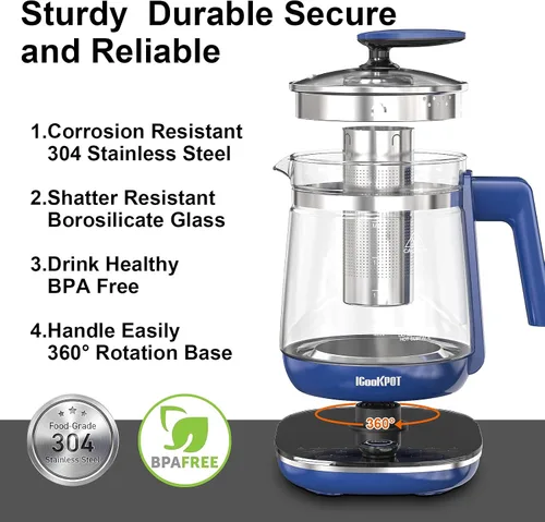 Vista 11 de Hervidor eléctrico, 1.5 L, vidrio borosilicato, hervidor de agua caliente eléctrico y tetera para café o té, sin BPA, apagado automático, acero Azul