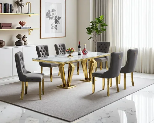Vista 24 de Juego de mesa de comedor de mármol sintético, 7 piezas, juego de mesa de cocina y comedor para 6, mesa de comedor rectangular blanca de 70 pulgadas