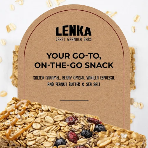 Vista 2 de Lenka Discovery - Paquete de 12 bocadillos de granola con alto contenido de fibra, caramelo salado, bayas omega, vainilla expreso, mantequilla