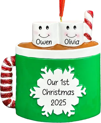Vista 15 de Adorno de Navidad personalizado de familia de 3 de chocolate caliente 2026 Malvaviscos personalizados en taza de cacao con bastón de caramelo